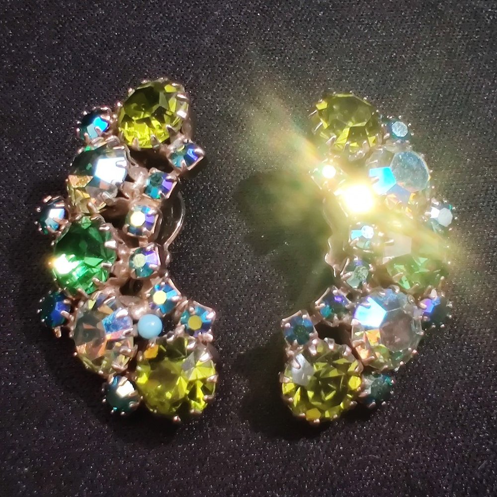 Green AB Rhinestone Crescent Climber Earrings